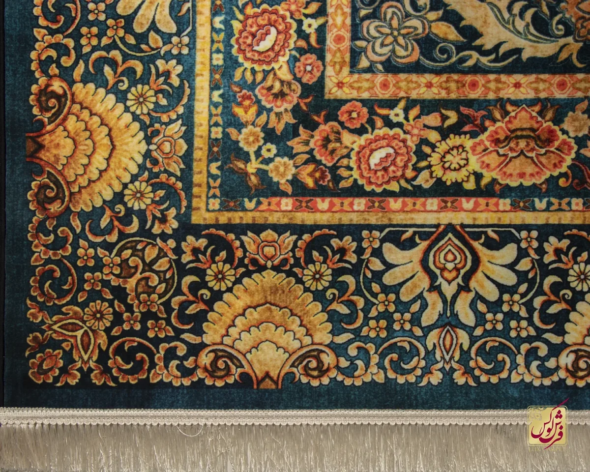 فرش ابریشم ماشینی 202777 سرمه‌ای آجری - تصویر 4