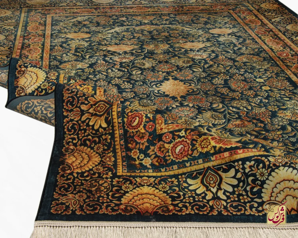 فرش ابریشم ماشینی 202777 سرمه‌ای آجری - تصویر 6