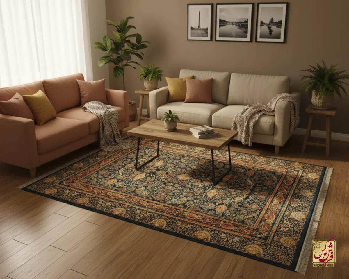 202777-8 فرش ابریشم ماشینی 202777 سرمهای آجری - تصویر 1