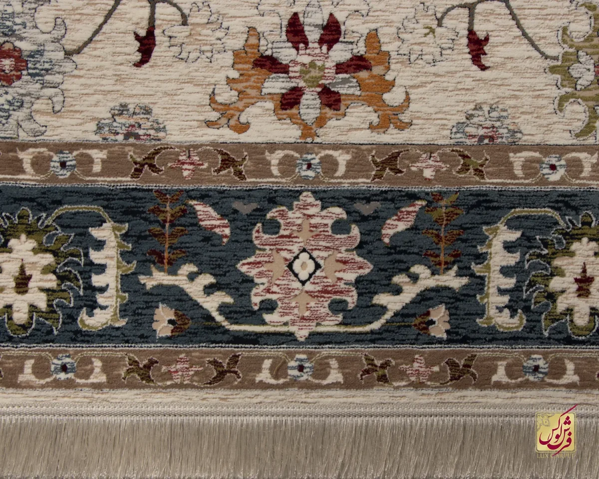 فرش وینتیج 222 کرم نسکافه‌ای حاشیه آبی - تصویر 4