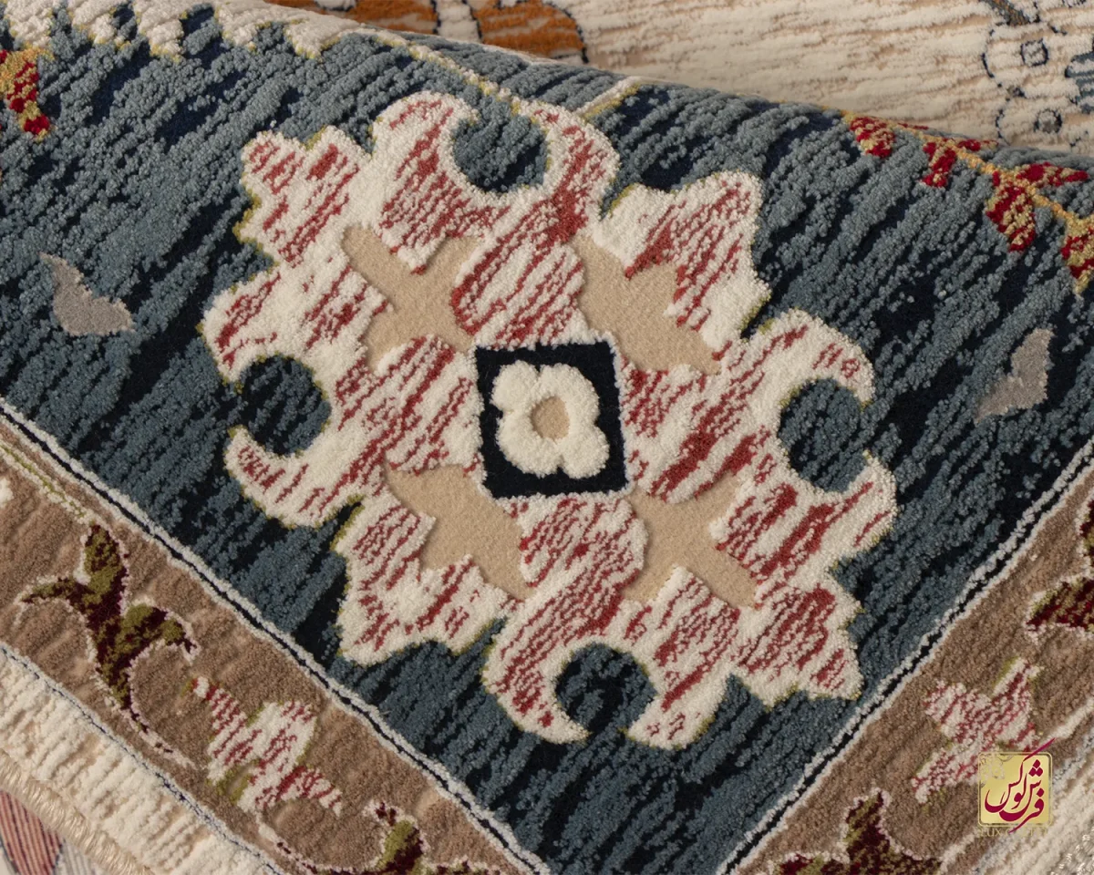 فرش وینتیج 222 کرم نسکافه‌ای حاشیه آبی - تصویر 7