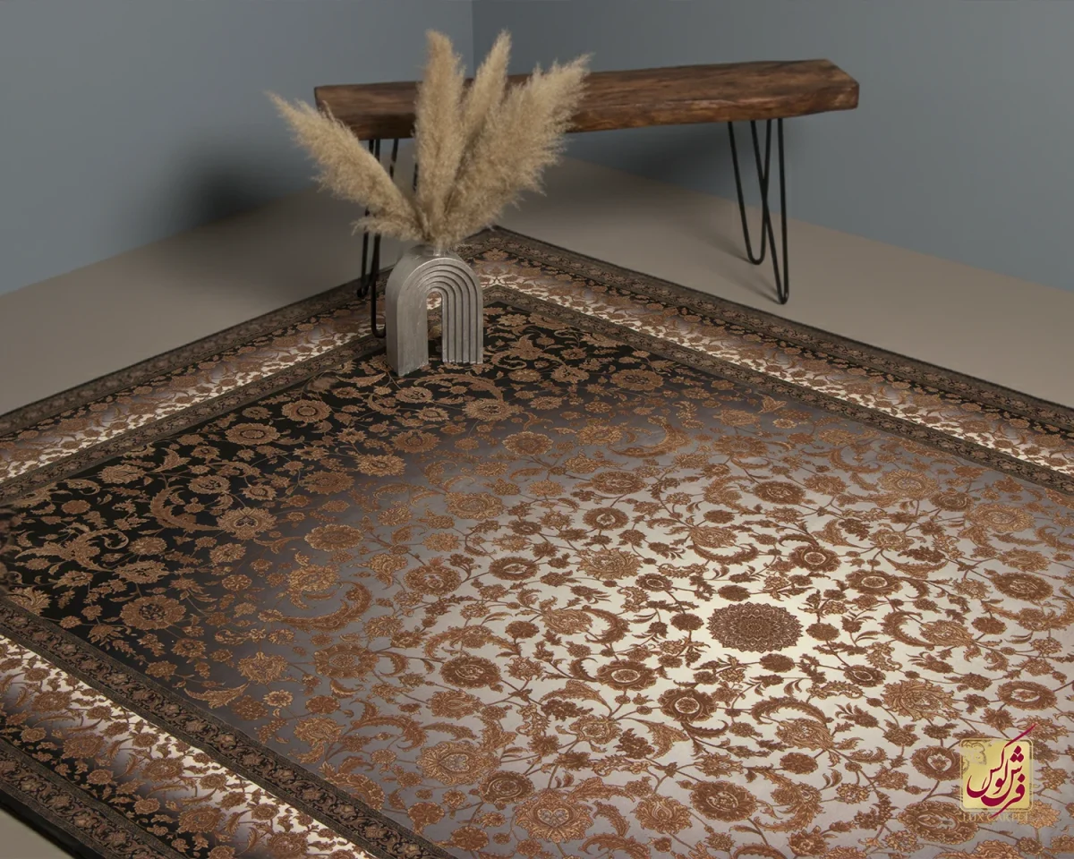 710205-9 فرش ابریشم ماشینی 710205 ذغالی قهوهای - تصویر 1