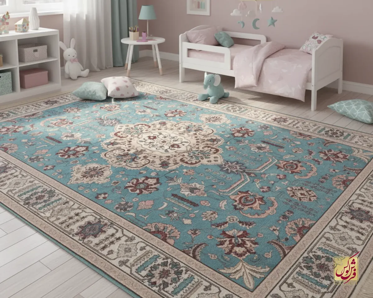 743105-11 فرش ابریشم ماشینی 743105 فیروزهای کرم - تصویر 1