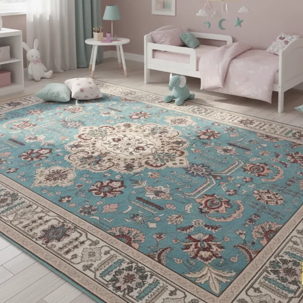 فرش ابریشم ماشینی 743105 فیروزه‌ای کرم