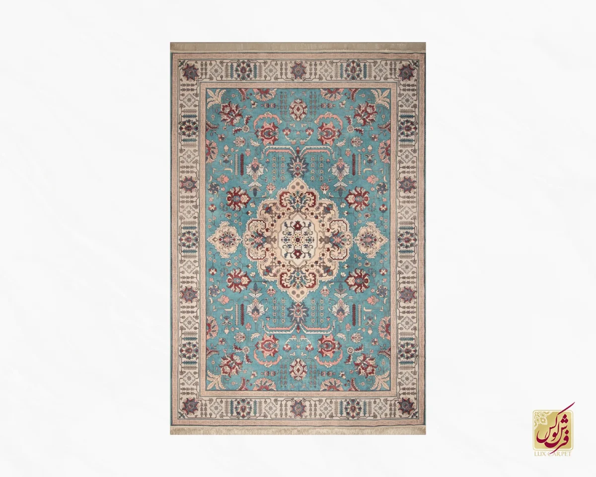 فرش ابریشم ماشینی 743105 فیروزه‌ای کرم - تصویر 2