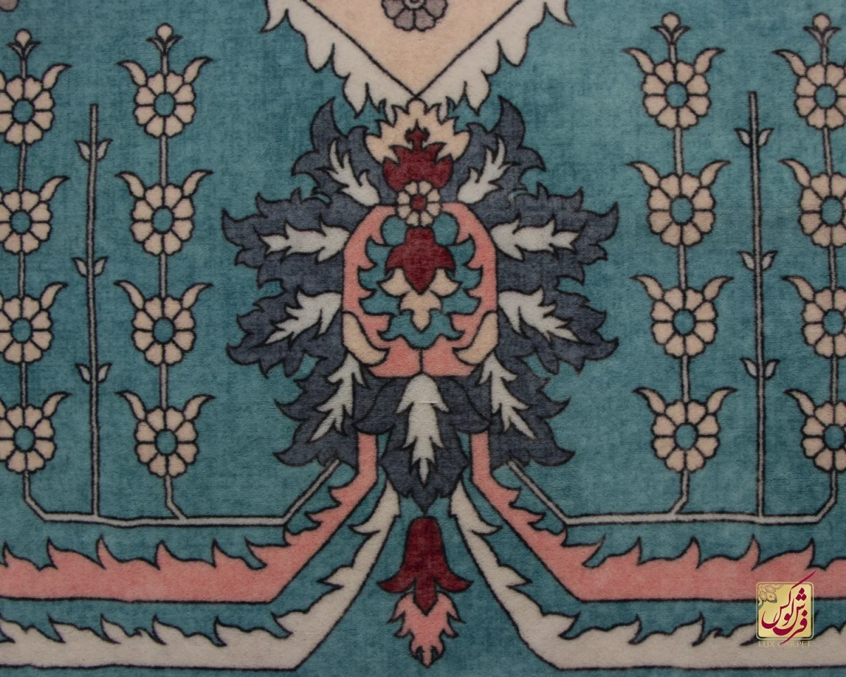 فرش ابریشم ماشینی 743105 فیروزه‌ای کرم - تصویر 4