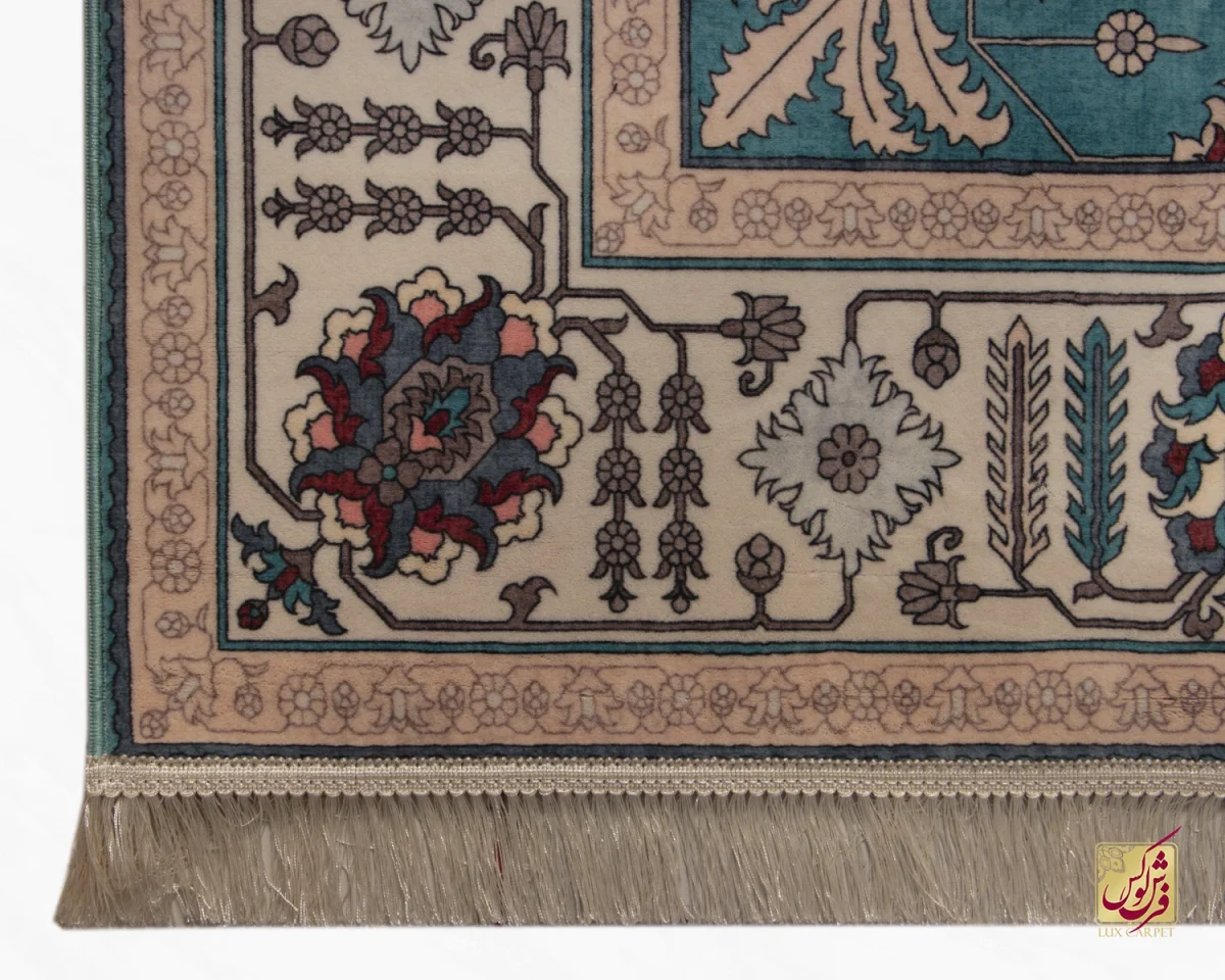 فرش ابریشم ماشینی 743105 فیروزه‌ای کرم - تصویر 6